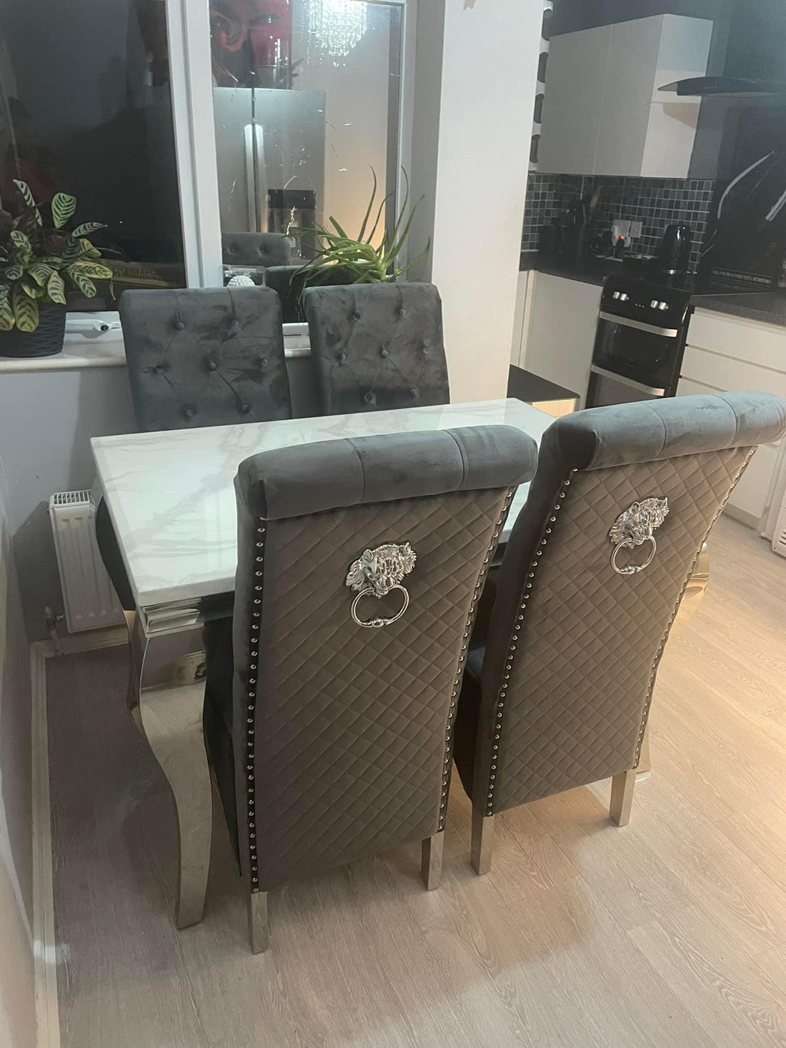 1.2 White Marble 4 Grey Chairs - Mirror4you