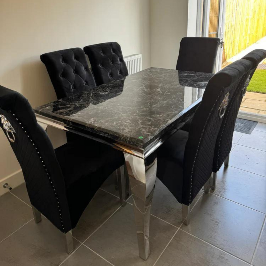 1.5 Black Marble 6 Dark Black Chairs - Mirror4you