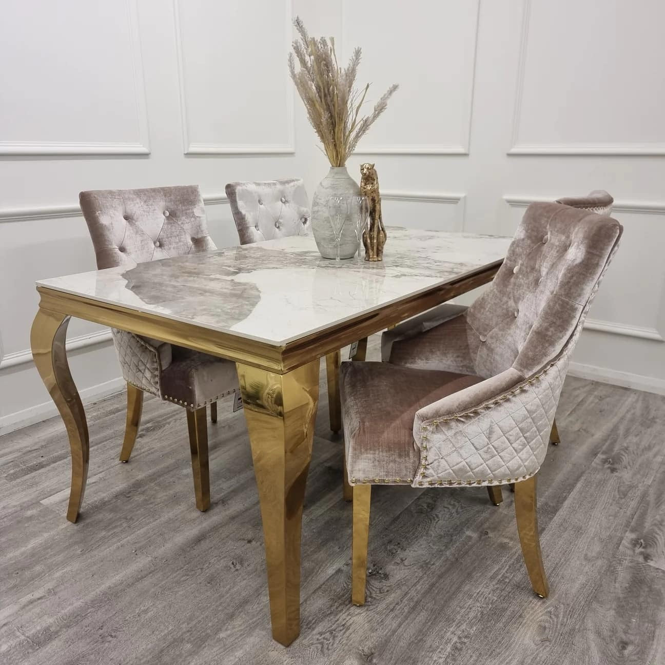 1.5 Pandora Gold Table 4 Beige Gold Chairs - Mirror4you