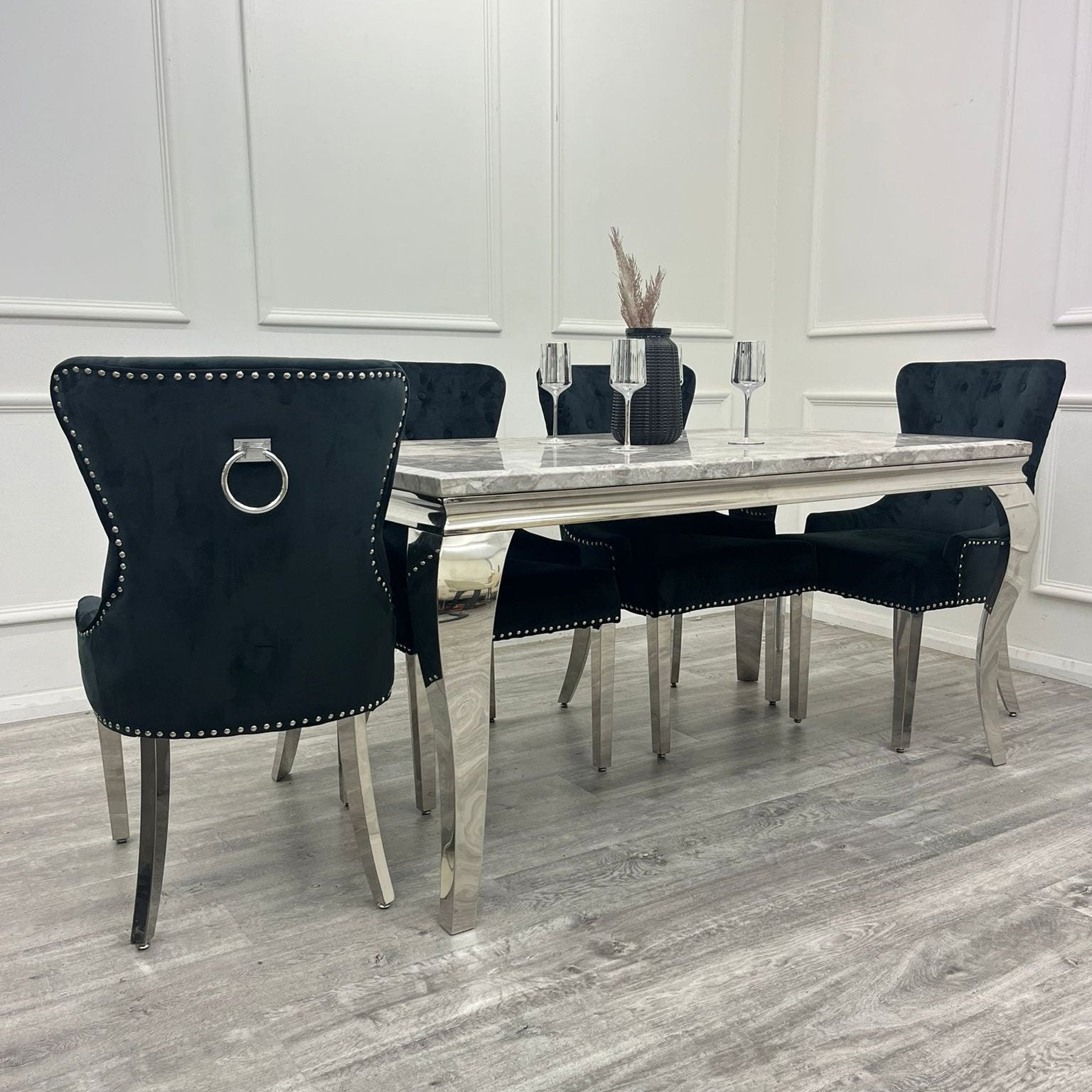 1.5 Grey Louis Table 4 Black Chair - Mirror4you