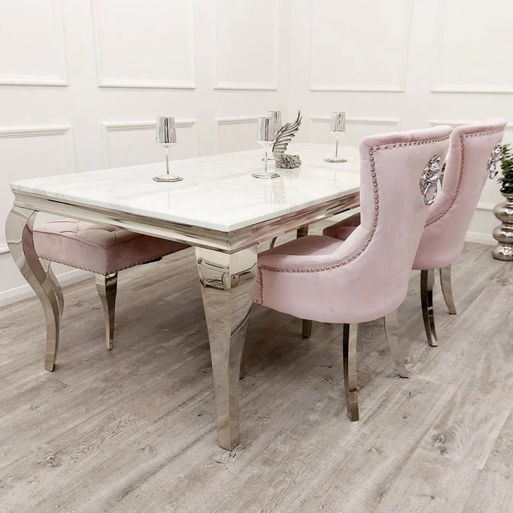 1.5 White Marble 4 Pink Plush Velvet Chairs - Mirror4you