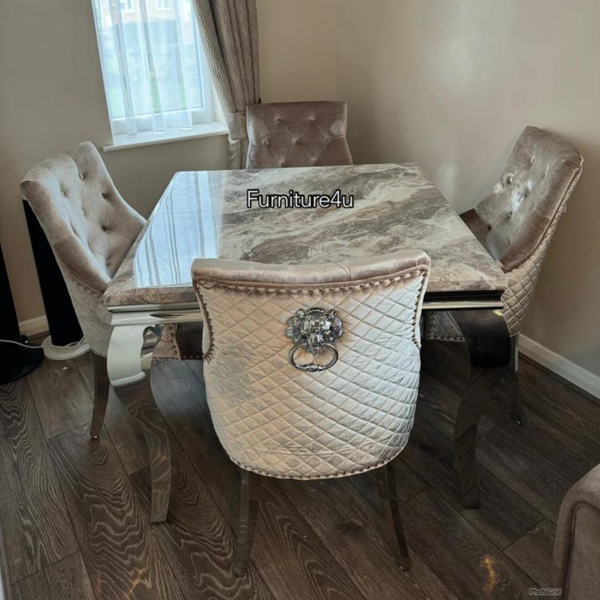 1.0 Brown Marble 4 Beige Lion Chairs - Mirror4you