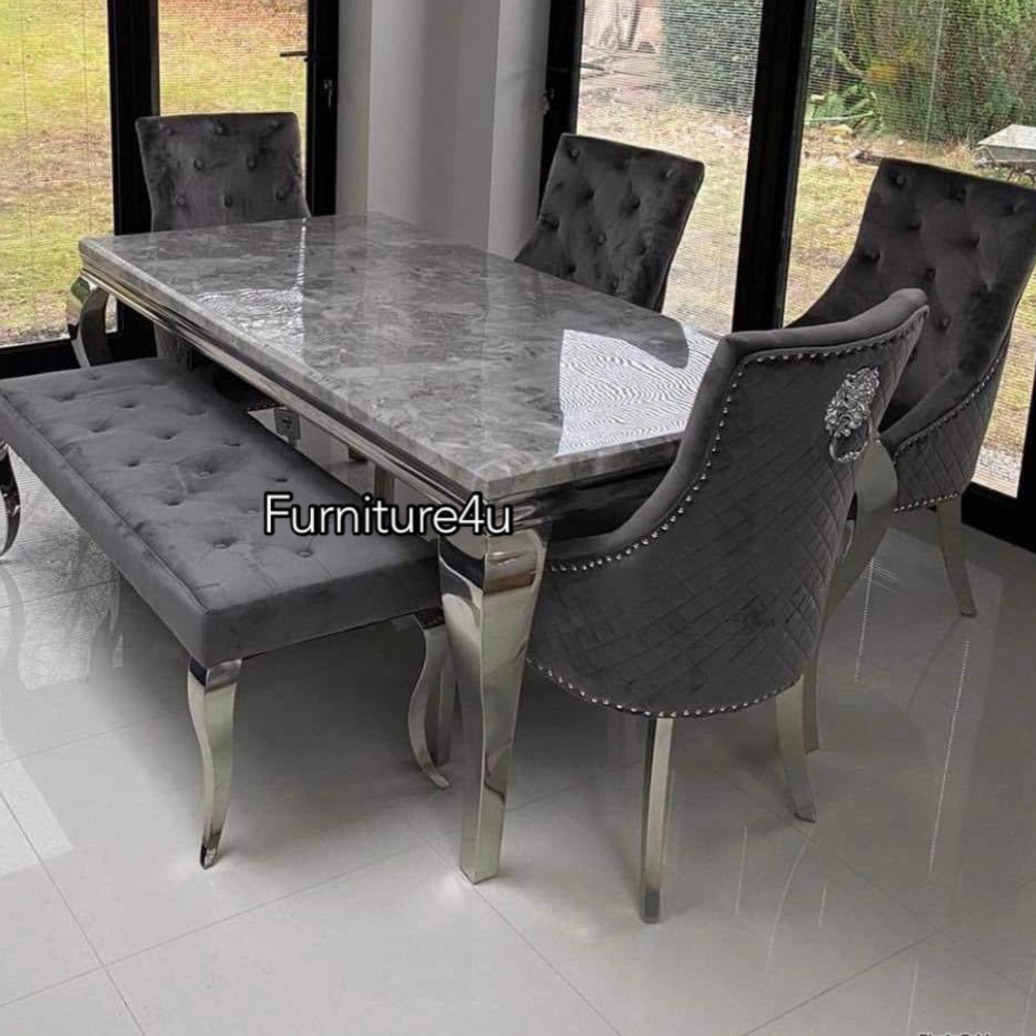 1.5 Grey Louis with 4 chairs Matching Bench - Mirror4you