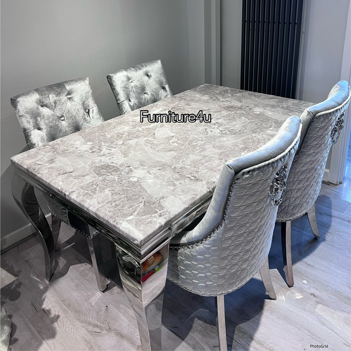 1.5 Louis Grey Marble 4 Silver Chairs - Mirror4you