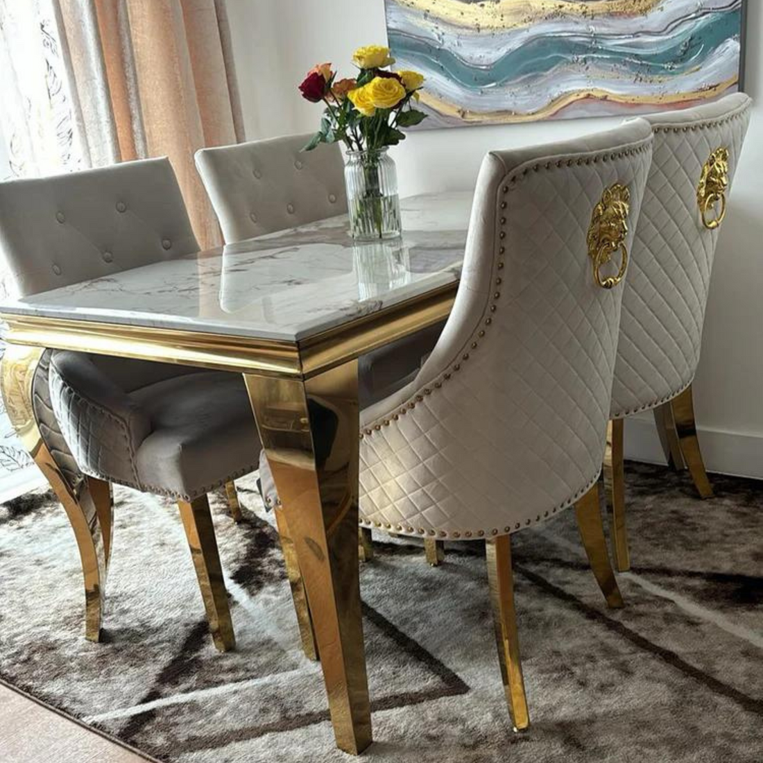 1.5 Pandora Gold Table 4 Cream Gold Chairs - Mirror4you