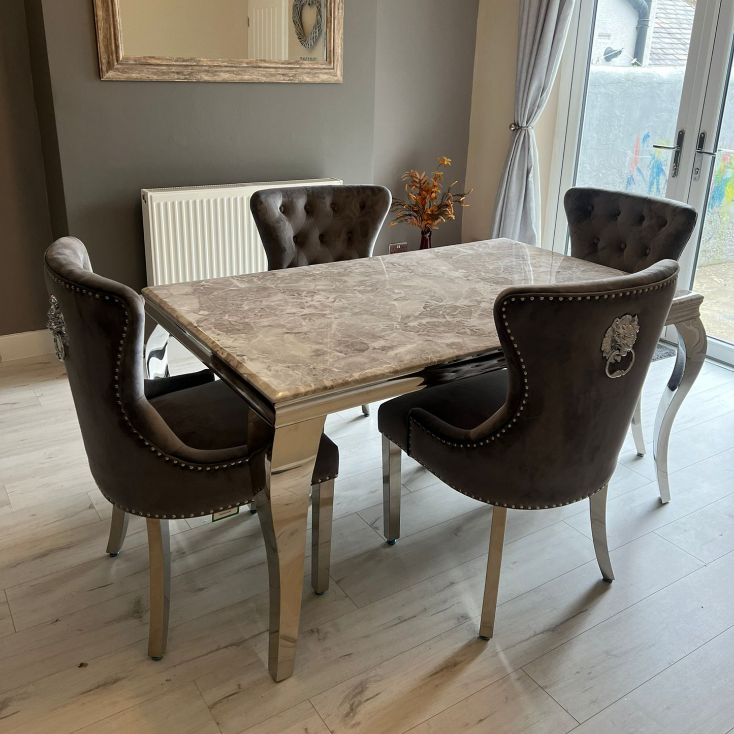 1.5 Grey Louis with 4 Lion Knocker Chairs - Mirror4you