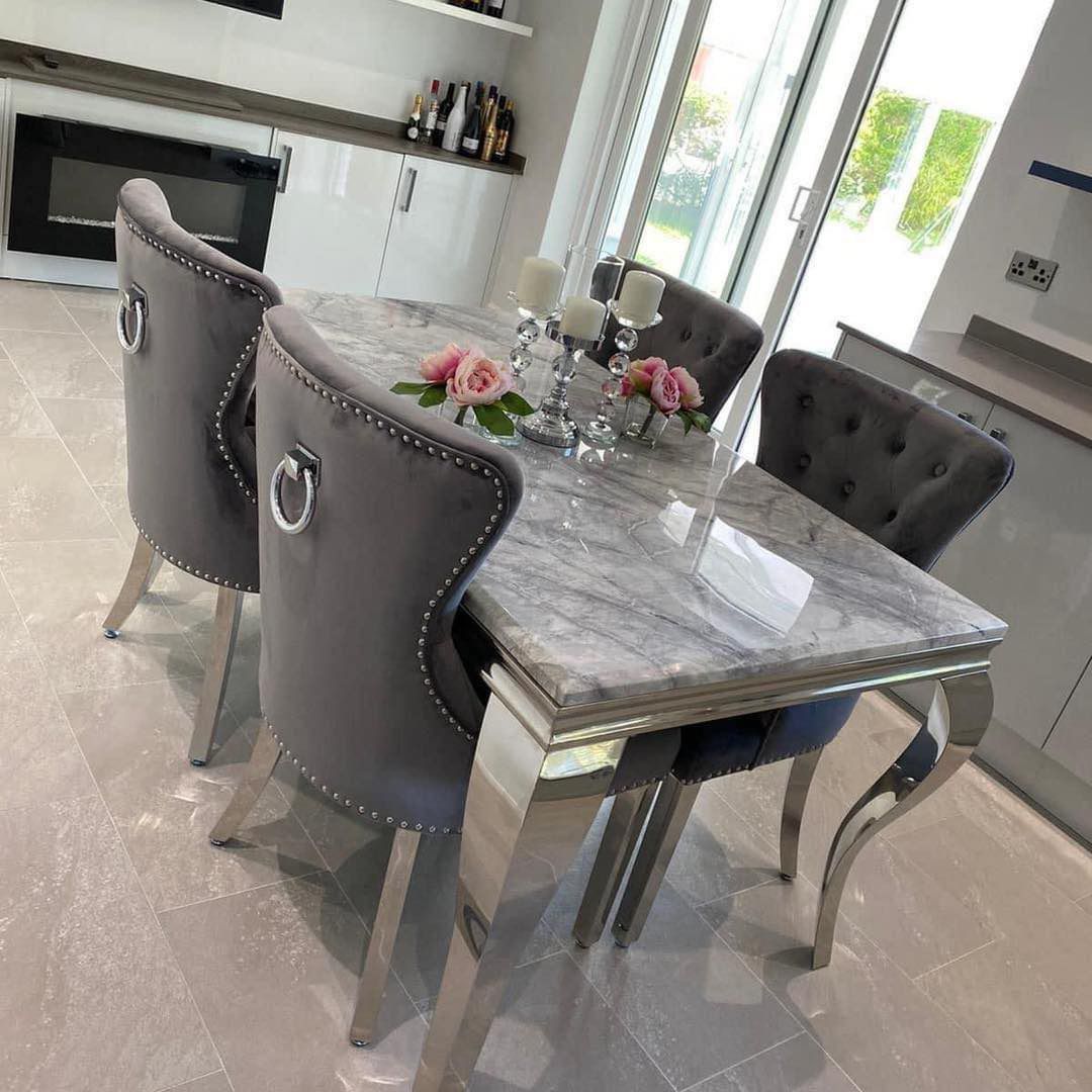 1.8 Grey Louis Marble 4 Dark Grey Ring Knocker Chairs