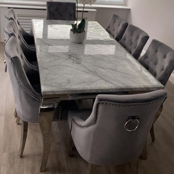 200cm Grey Louis table with 8 Dark grey chairs