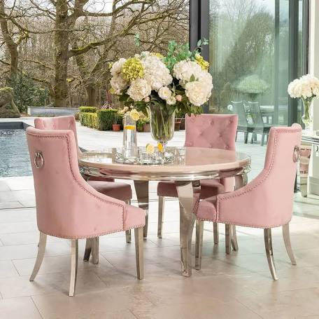 1.3 Grey Louis Round Table  with 4 Chairs Pink Lion Knocker Chairs - Mirror4you