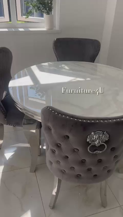 1.3 White Louis Marble 4 Dark Grey Chesterfield Chairs