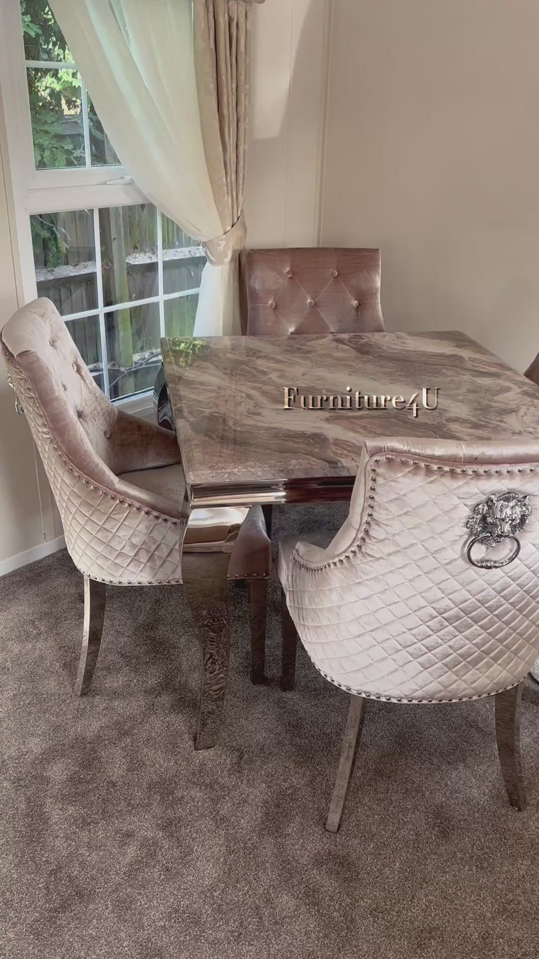 1.0 Brown Marble 4 Beige Lion Chairs