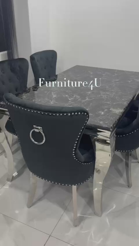 1.5 Louis Marble with 6 Black Ring Knocker Chairs
