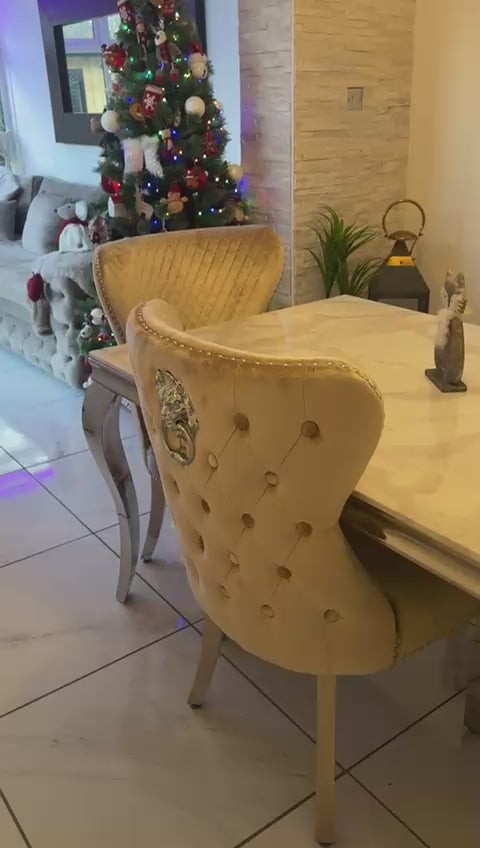1.5m White Marble Dining Table with 4 Mink Chesterfield Chairs