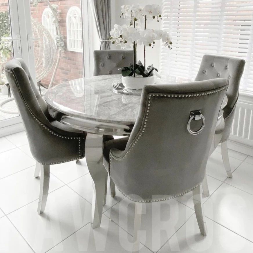 1.3 Louis Grey Round Table with 4 Chairs - Mirror4you