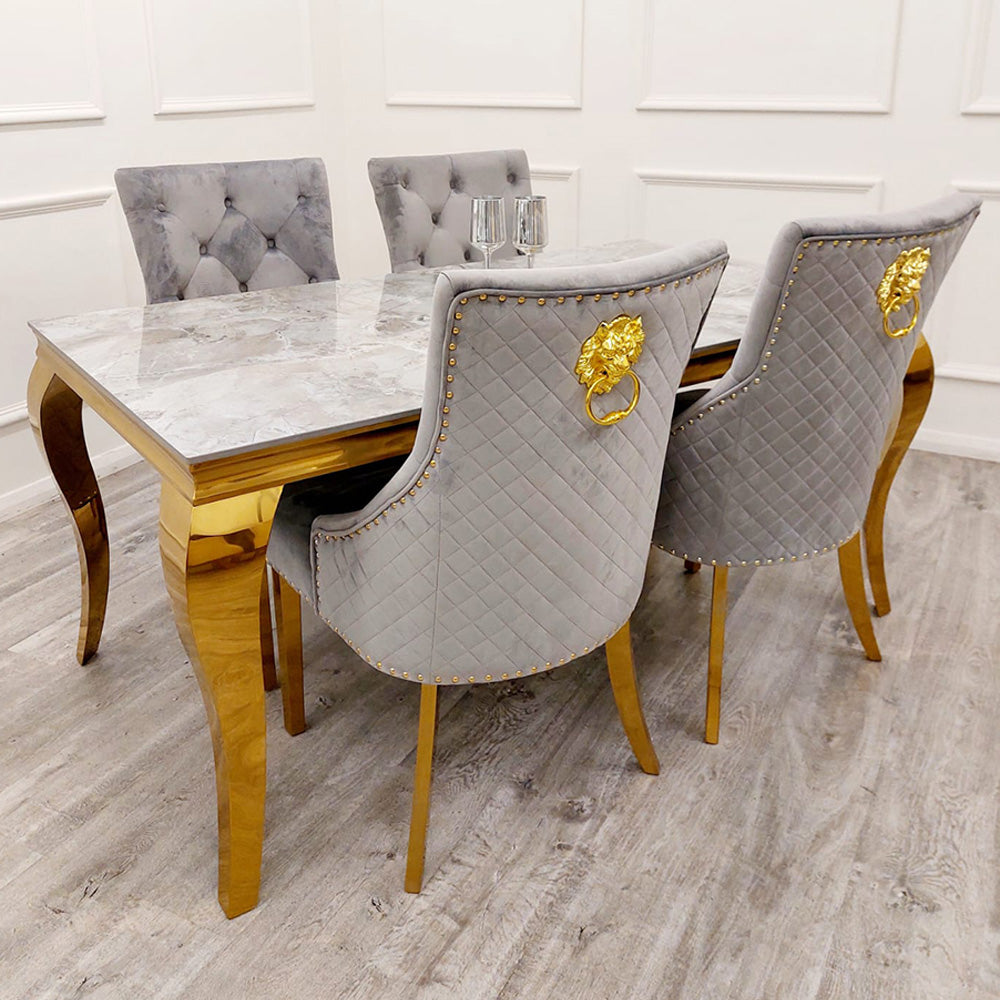 1.5 Gold Grey Marble 4 Grey Chairs Gold - Mirror4you